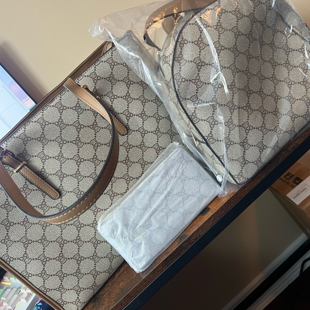 Beige and Brown Patterned Tote and Backpack Set